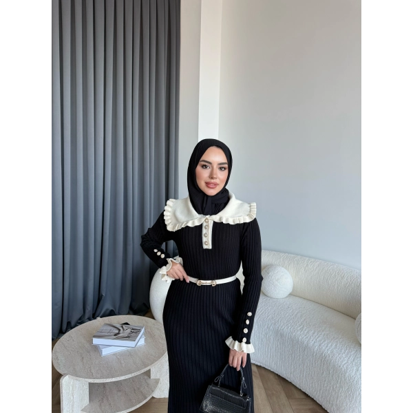 Lizge Yaka Detaylı Triko Elbise - Siyah