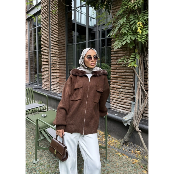 Loris Kürk Detaylı Triko Kap - Acı Kahve