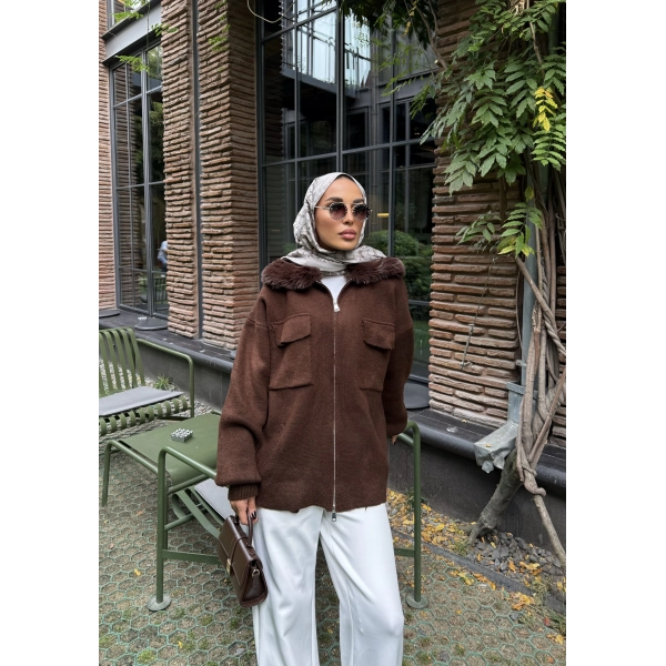 Loris Kürk Detaylı Triko Kap - Acı Kahve