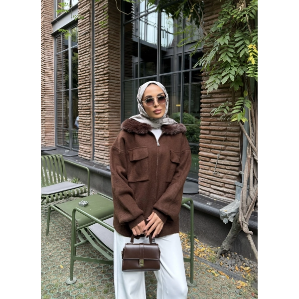 Loris Kürk Detaylı Triko Kap - Acı Kahve