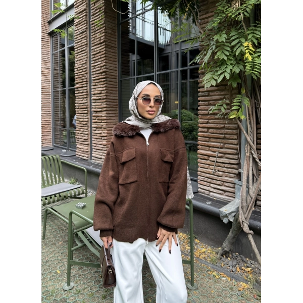 Loris Kürk Detaylı Triko Kap - Acı Kahve