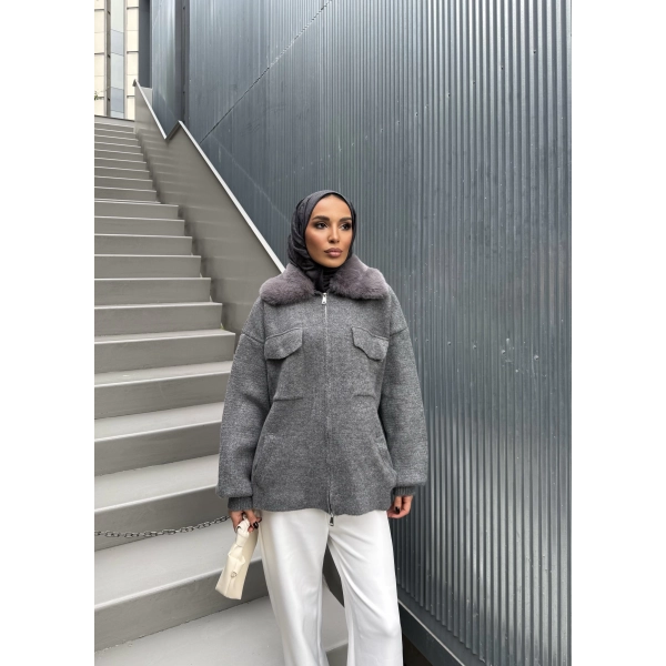 Loris Kürk Detaylı Triko Kap - Gri