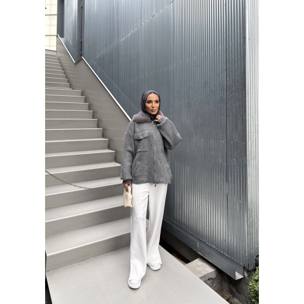 Loris Kürk Detaylı Triko Kap - Gri