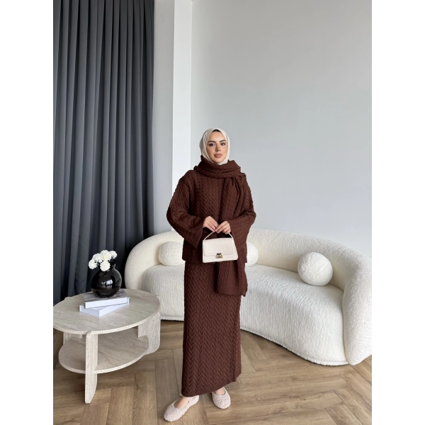 Mb - Atkı Örgü Etekli Takım - Acı Kahve