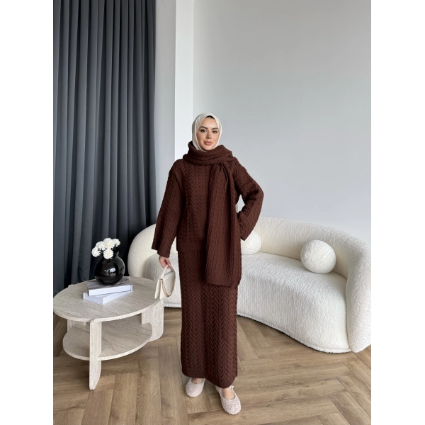 Mb - Atkı Örgü Etekli Takım - Acı Kahve
