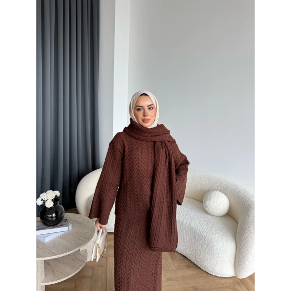 Mb - Atkı Örgü Etekli Takım - Acı Kahve