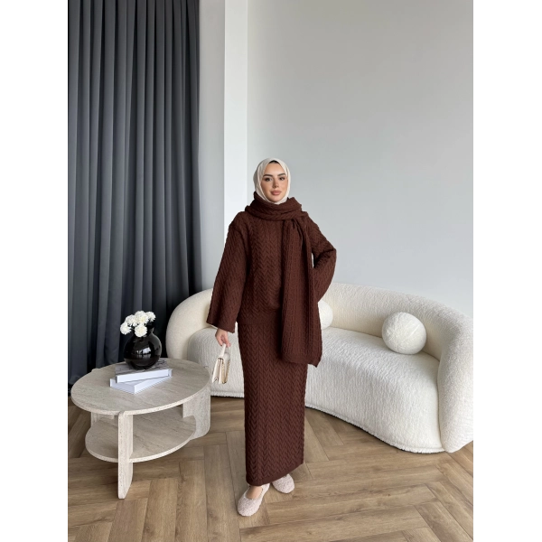 Mb - Atkı Örgü Etekli Takım - Acı Kahve