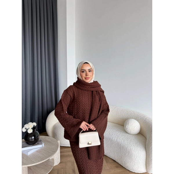 Mb - Atkı Örgü Etekli Takım - Acı Kahve