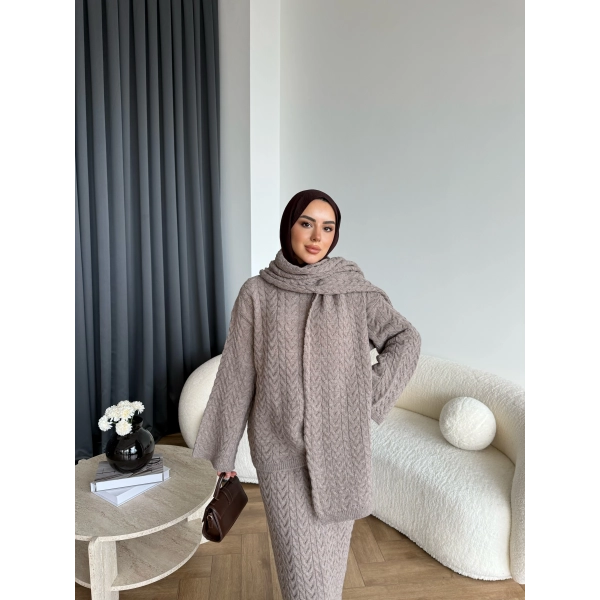 Mb - Atkı Örgü Etekli Takım - Vizon