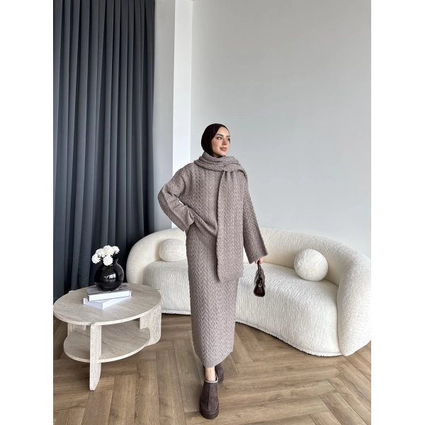 Mb - Atkı Örgü Etekli Takım - Vizon