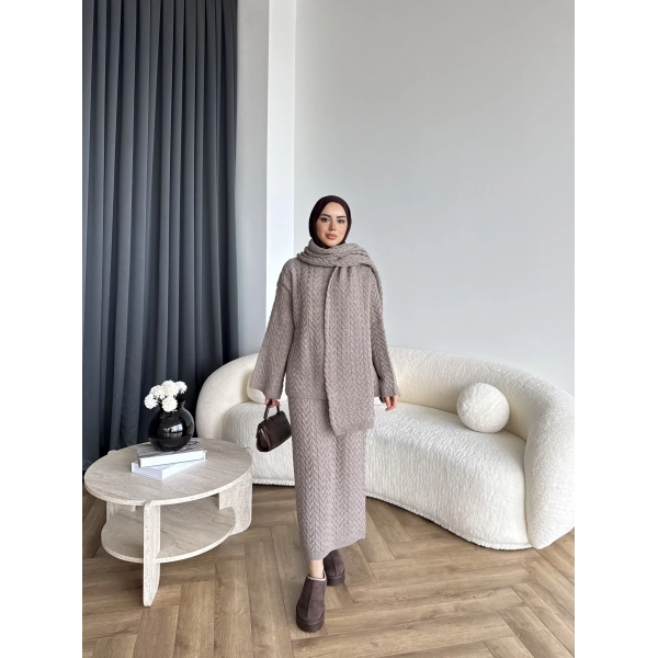 Mb - Atkı Örgü Etekli Takım - Vizon