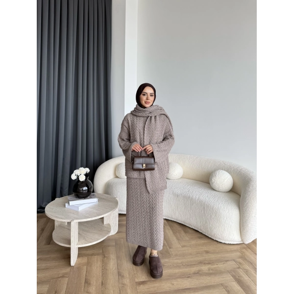 Mb - Atkı Örgü Etekli Takım - Vizon