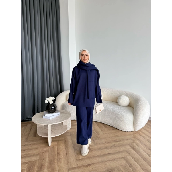 Mb- Berly Atkı Detay Triko Takım - Lacivert