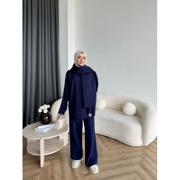 Mb- Berly Atkı Detay Triko Takım - Lacivert