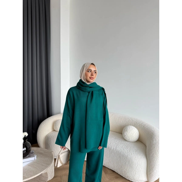 Mb- Berly Atkı Detay Triko Takım - Yeşil