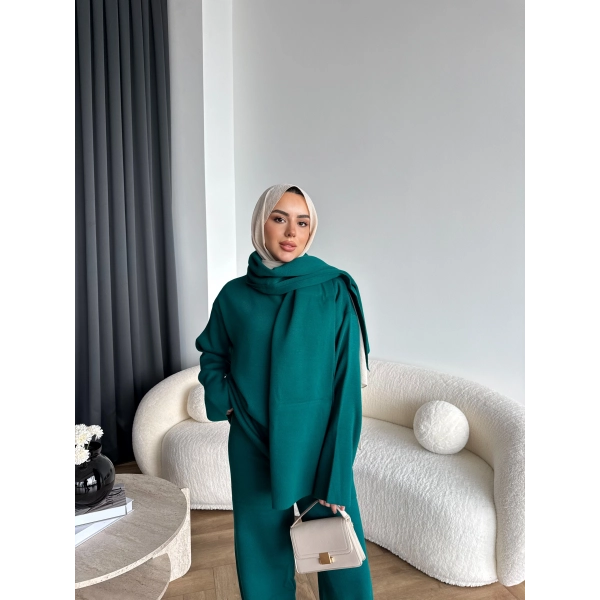 Mb- Berly Atkı Detay Triko Takım - Yeşil