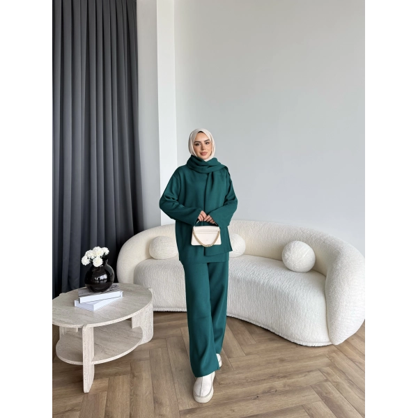 Mb- Berly Atkı Detay Triko Takım - Yeşil