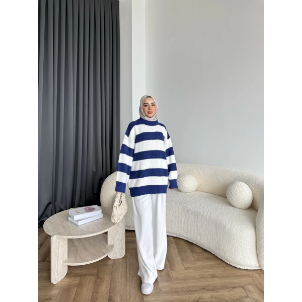 Mb-Eso Çizgili Triko Kazak - Mavi