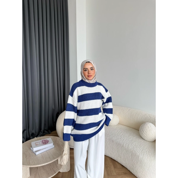 Mb-Eso Çizgili Triko Kazak - Mavi