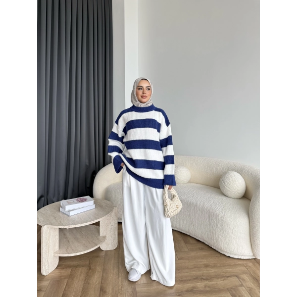 Mb-Eso Çizgili Triko Kazak - Mavi