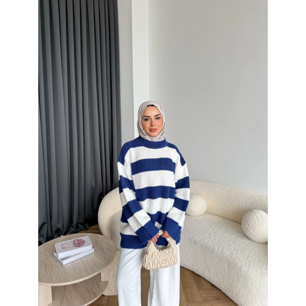Mb-Eso Çizgili Triko Kazak - Mavi