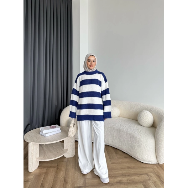 Mb-Eso Çizgili Triko Kazak - Mavi