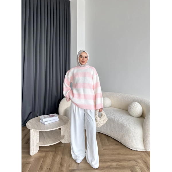 Mb-Eso Çizgili Triko Kazak - Pudra