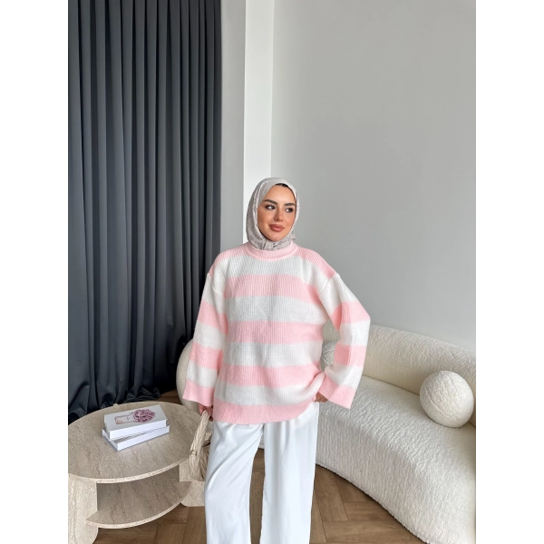 Mb-Eso Çizgili Triko Kazak - Pudra