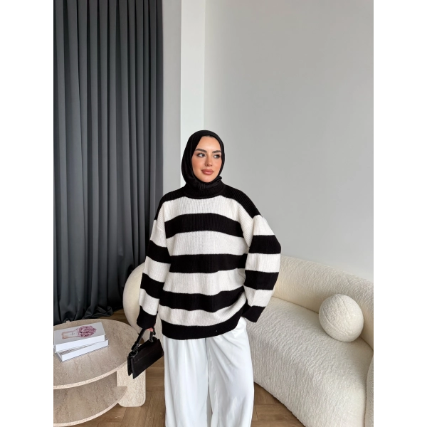 Mb-Eso Çizgili Triko Kazak - Siyah