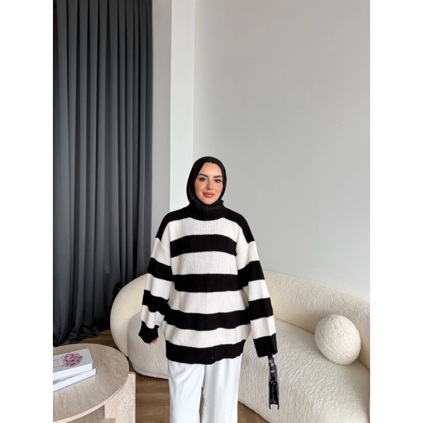 Mb-Eso Çizgili Triko Kazak - Siyah