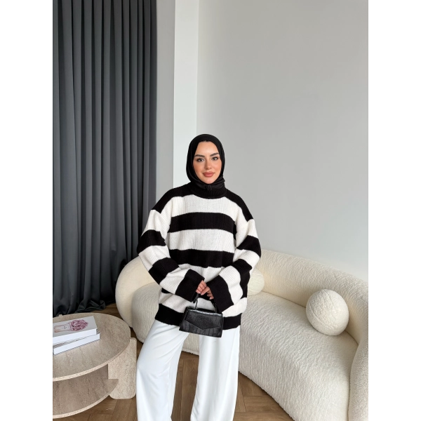 Mb-Eso Çizgili Triko Kazak - Siyah