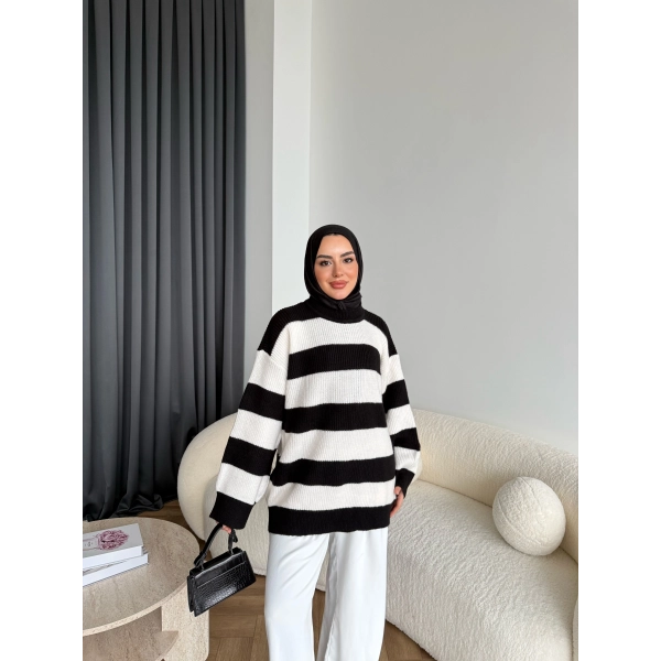 Mb-Eso Çizgili Triko Kazak - Siyah