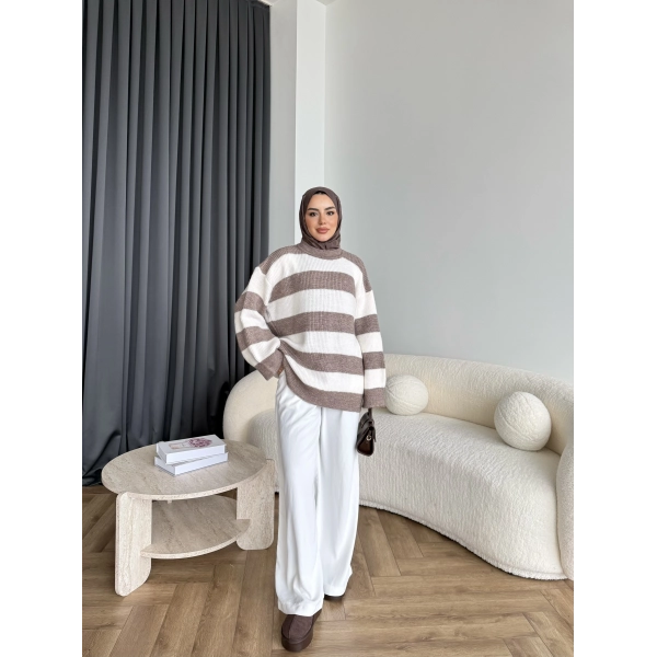 Mb-Eso Çizgili Triko Kazak - Vizon