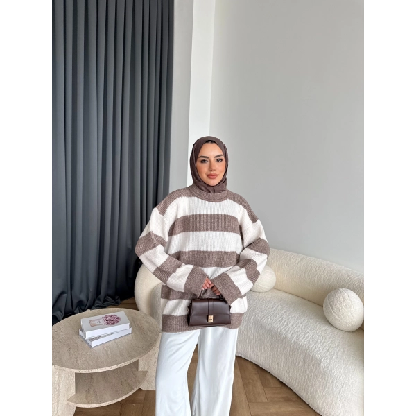 Mb-Eso Çizgili Triko Kazak - Vizon