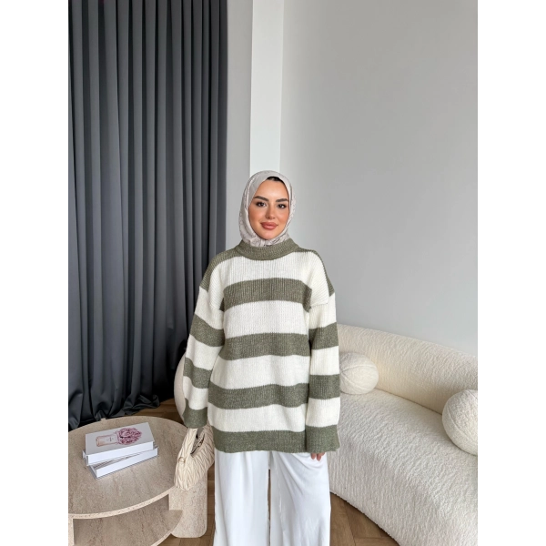 Mb-Eso Çizgili Triko Kazak - Yeşil