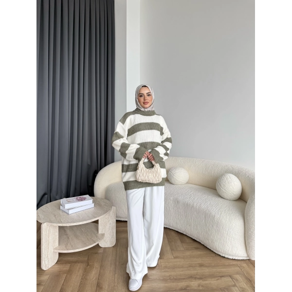 Mb-Eso Çizgili Triko Kazak - Yeşil