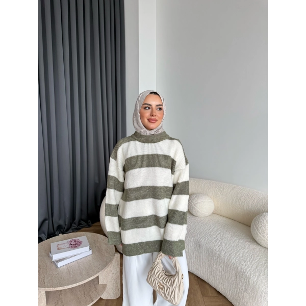 Mb-Eso Çizgili Triko Kazak - Yeşil