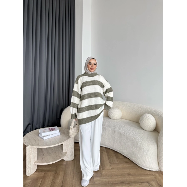 Mb-Eso Çizgili Triko Kazak - Yeşil