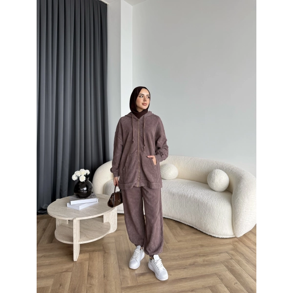 Mb - Fermuar Detay Yıkamalı Takım - Kahve