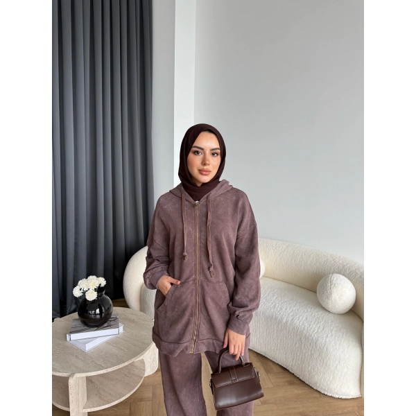 Mb - Fermuar Detay Yıkamalı Takım - Kahve