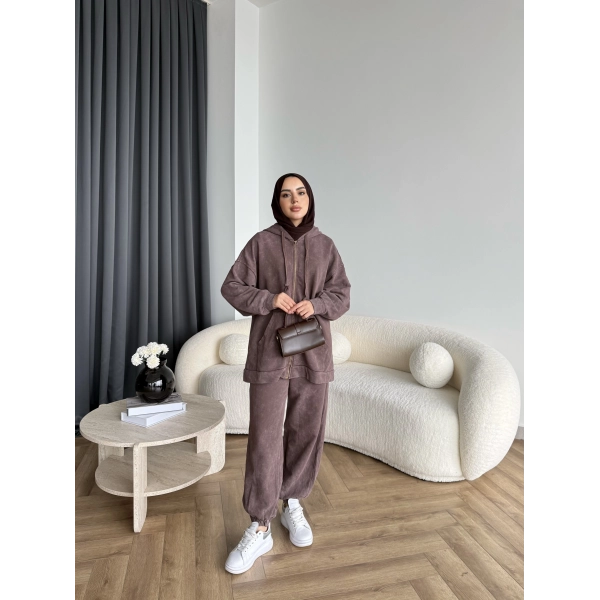 Mb - Fermuar Detay Yıkamalı Takım - Kahve