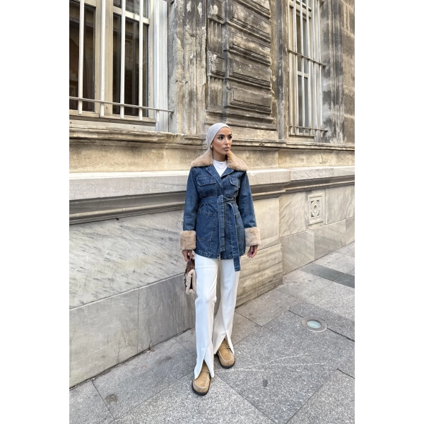 Melen Peluş Detaylı Kot Ceket