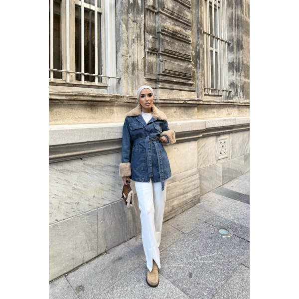 Melen Peluş Detaylı Kot Ceket