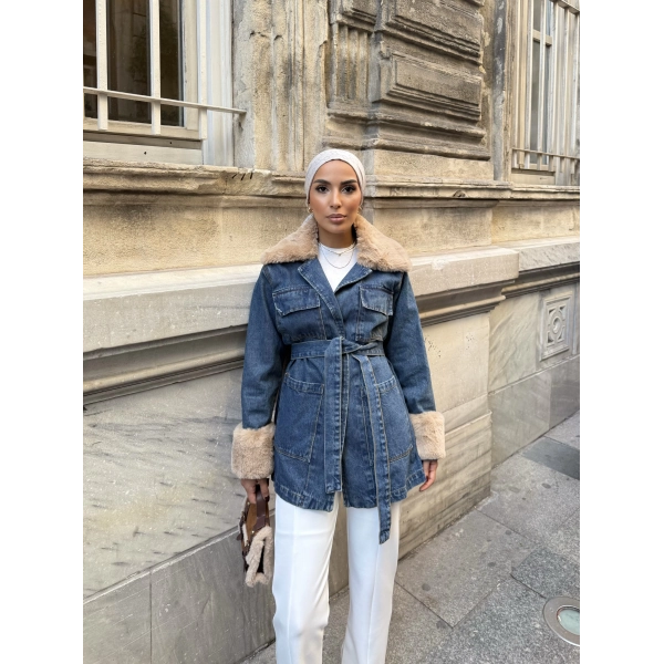 Melen Peluş Detaylı Kot Ceket