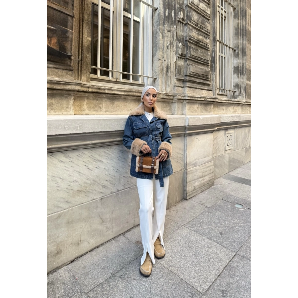 Melen Peluş Detaylı Kot Ceket