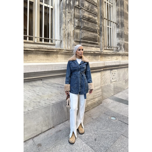 Melen Peluş Detaylı Kot Ceket