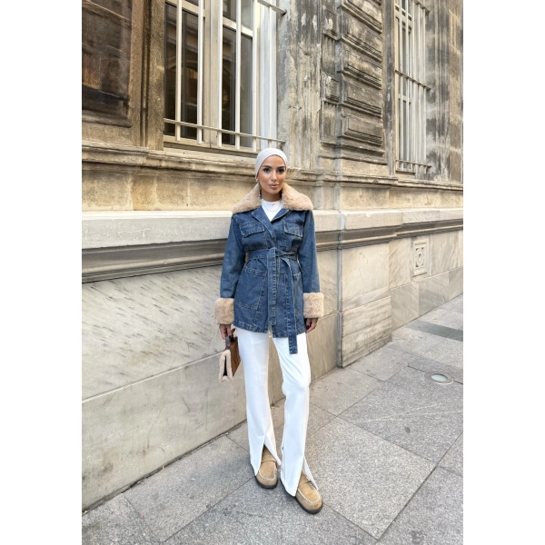 Melen Peluş Detaylı Kot Ceket