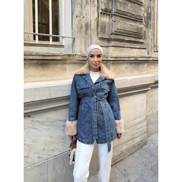 Melen Peluş Detaylı Kot Ceket