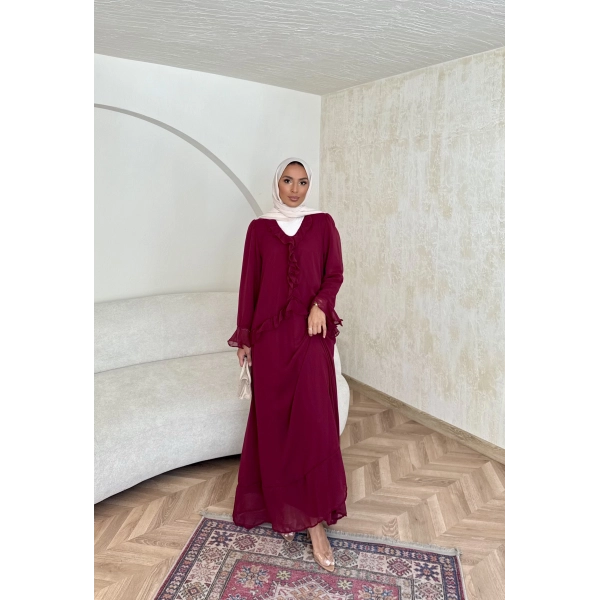 Meslen Şifon Elbise - Bordo