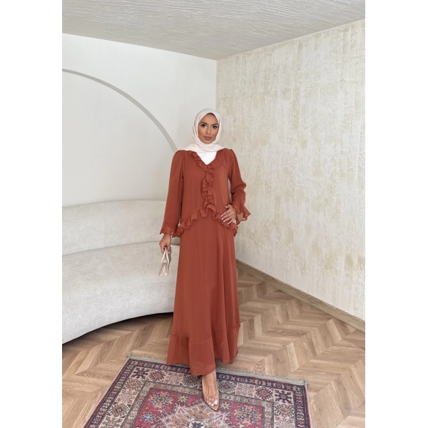 Meslen Şifon Elbise - Kiremit